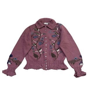 Vintage ASTON 100%‎ Wool Button Front Collared Floral Cardigan / Dusty Pink